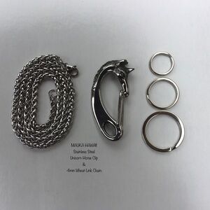 Horse Unicorn Clip Stainless Carabiner Hook Split Rings & 4mm Chain Utility Kit